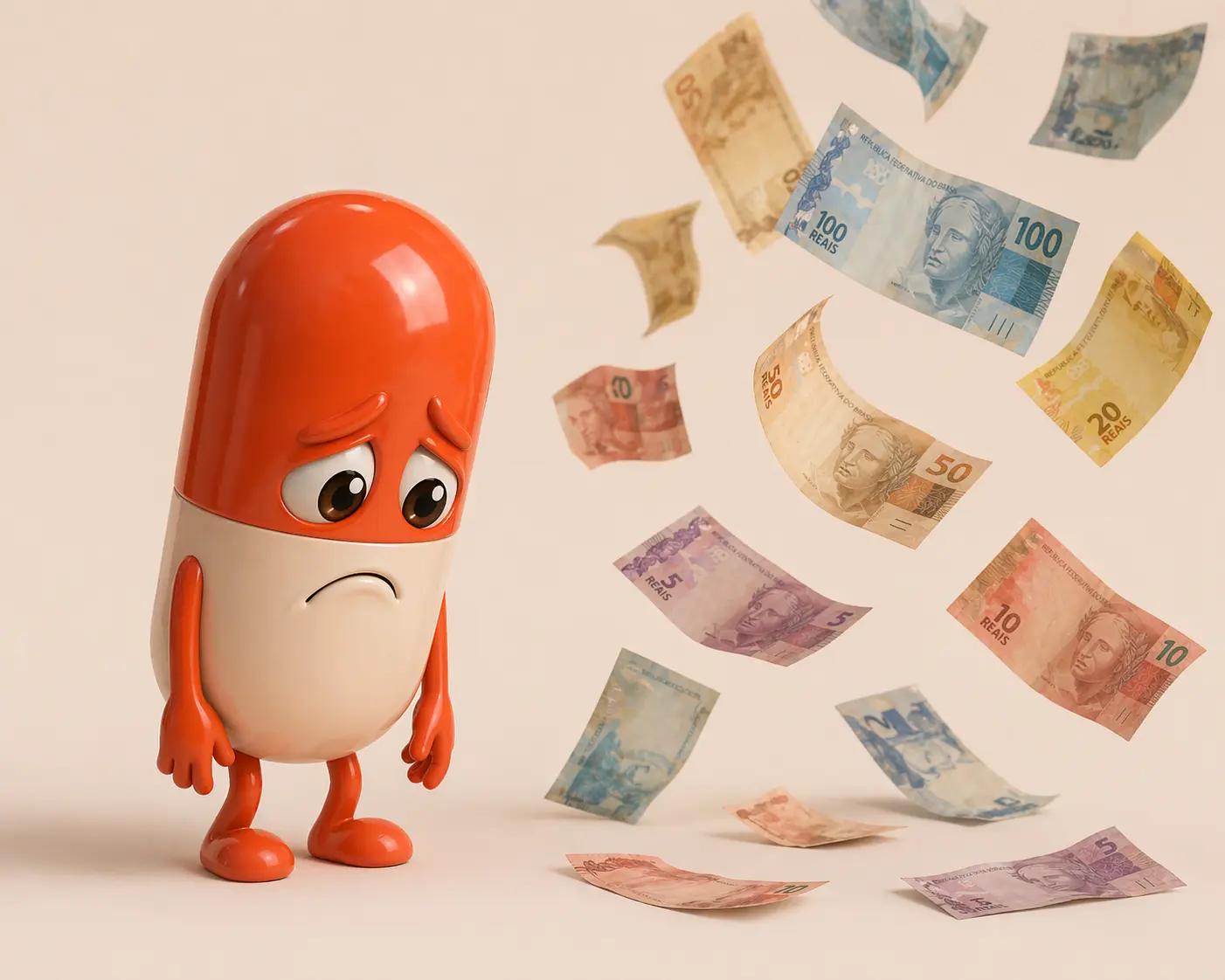 Mascote vermelho triste vendo dinheiro caindo no chão